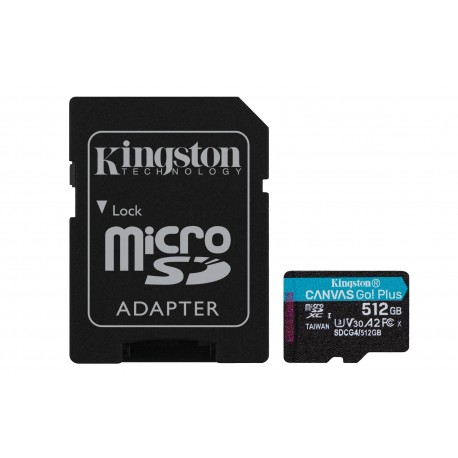 Kingston Technology Tarjeta microSDXC Canvas Go Plus Gen4 de 512 GB, 200 MB/s, A2 U3 V30 y adaptador - SDCG4/512GB