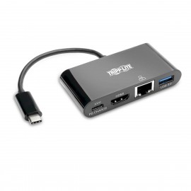 Tripp Lite Adaptador USB-C Type-C a HDMI con Hub USB-A, Gigabit Ethernet, Thunderbolt 3, 4K — Carga PD, 30 Hz, Negro