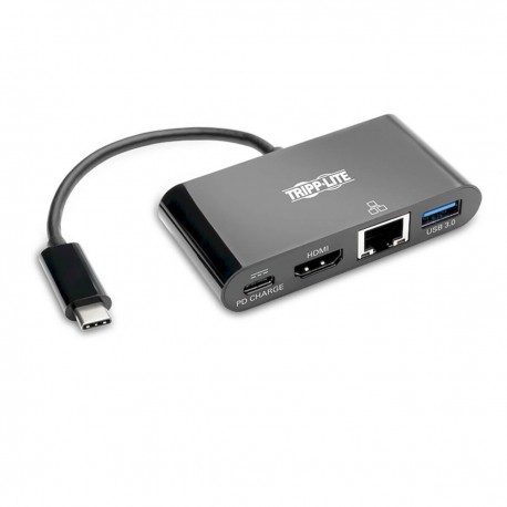 Tripp Lite Adaptador USB-C Type-C a HDMI con Hub USB-A, Gigabit Ethernet, Thunderbolt 3, 4K — Carga PD, 30 Hz, Negro