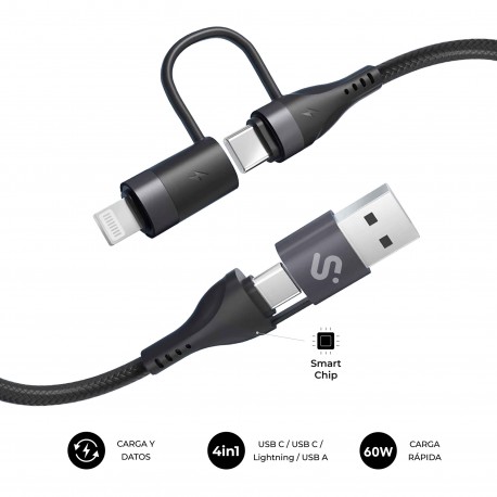 CABLE TOP 4 EN 1 60W USB-A/2xUSB-C/LIGHTNING 1 M NEGRO SUBBLIM