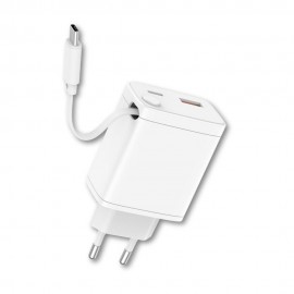 Cargador qcharx juno 3a 20w 2 puertos usb + tipo c + cable tipo c blanco incorporado