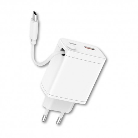 Cargador qcharx juno 3a 20w 2 puertos usb + tipo c + cable tipo c blanco incorporado