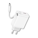Cargador qcharx juno 3a 20w 2 puertos usb + tipo c + cable tipo c blanco incorporado