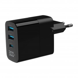Cargador rápido USB GaN de 3 puertos y 30 W, LCD, negro