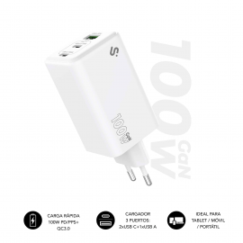 CARGADOR PARED/VIAJE 2xUSB-C + USB/A GaN 100W PD BLANCO SUBBLIM