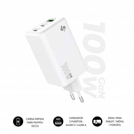 CARGADOR PARED/VIAJE 2xUSB-C + USB/A GaN 100W PD BLANCO SUBBLIM