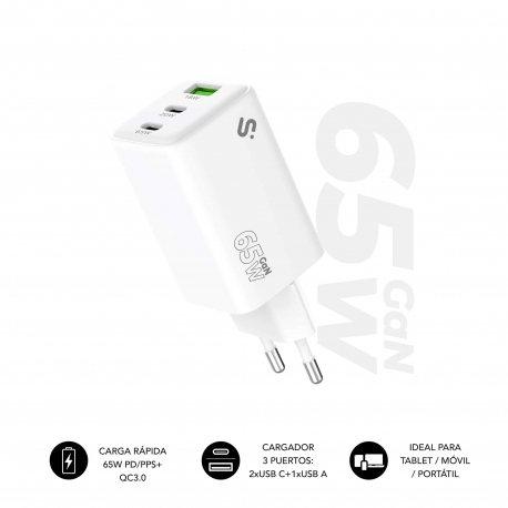 CARGADOR PARED/VIAJE 2xUSB-C +USB-A GaN 65W PD BLANCO SUBBLIM