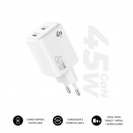 CARGADOR PARED/VIAJE 2xUSB-C GaN 45W PD BLANCO SUBBLIM