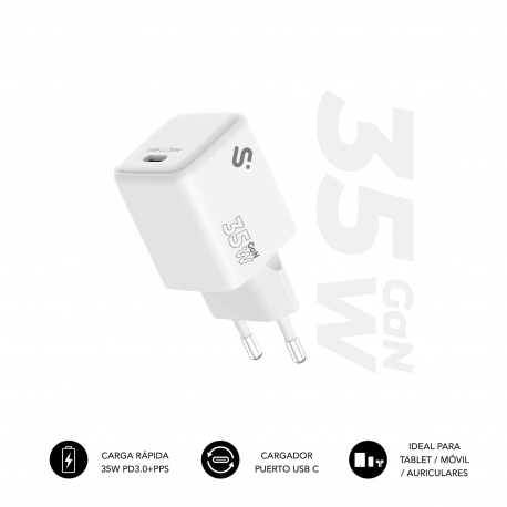 CARGADOR PARED/VIAJE USB-C GaN 35W PD BLANCO SUBBLIM
