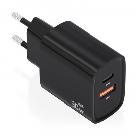 AISENS - AISENS Cargador GaN 30W, 1xUSB-C PD3.0 QC4.0, 1xUSB-A QC3.0, Negro - A110-0953