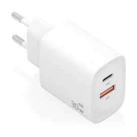 AISENS - AISENS Cargador GaN 30W, 1xUSB-C PD3.0 QC4.0, 1xUSB-A QC3.0, Blanco - A110-0952