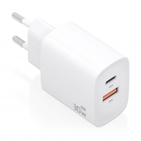 AISENS - AISENS Cargador GaN 30W, 1xUSB-C PD3.0 QC4.0, 1xUSB-A QC3.0, Blanco - A110-0952
