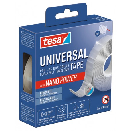 CINTA ADHESIVA DOBLE CARA NANO UNIVERSAL POWER 5KG 3 METROS x 30 MM TESA 55810-00002-00
