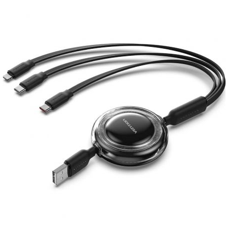 Cable USB Retráctil Vention TRJBBE/ USB Macho - Lightning/ 2xUSB Tipo-C/ Hasta 17.5W/ 10Gbps/ 1.1m/ Negro