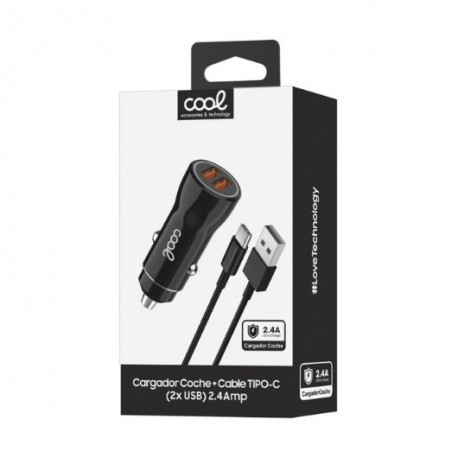 CARGADOR COOL COCHE DUAL USB 20W NEGRO CABLE