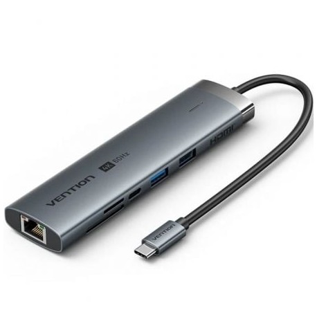 Hub USB Tipo-C 3.2 Vention TGVHB/ 2xUSB/ 1xUSB Tipo-C PD/ 1xUSB Tipo-C/ 1xRJ45/ 1xLector de Tarjetas/ 1xJack 3.5mm/ 1xHDMI/ 15cm