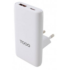 TooQ Cargador de viaje Tipo C y Tipo A, GaN 65W, USB-C/PD + USB-A/QC, Blanco