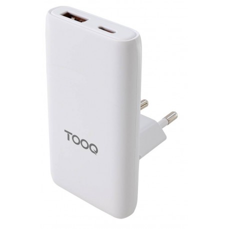 TooQ Cargador de viaje Tipo C y Tipo A, GaN 65W, USB-C/PD + USB-A/QC, Blanco