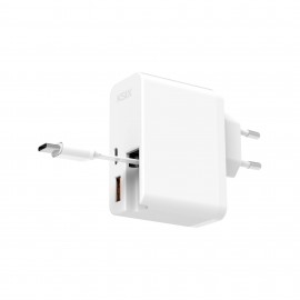 Ksix Cargador ultrarrápido 65W con USB-C Power Delivery, USB-A Quick Charge y cable retráctil USB-C integrado