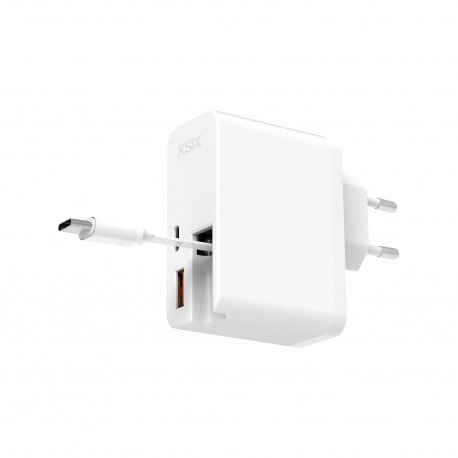 Ksix Cargador ultrarrápido 65W con USB-C Power Delivery, USB-A Quick Charge y cable retráctil USB-C integrado