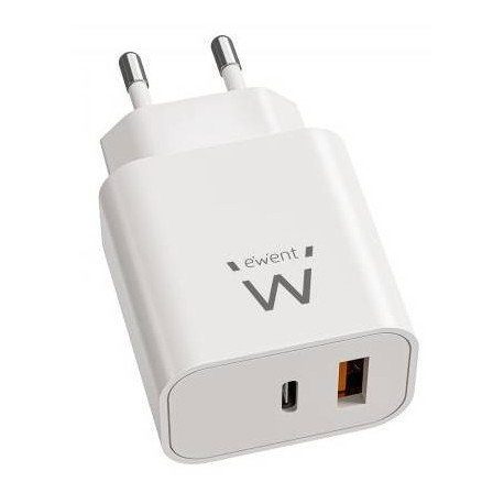Ewent Cargador Rápido GaN de 20W USB-C PD y USB-A QC, Diseño Compacto
