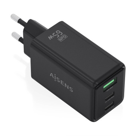 AISENS Cargador GaN 65W, 2xUSB-C PD3.0 QC4.0, 1xUSB-A QC3.0, Negro