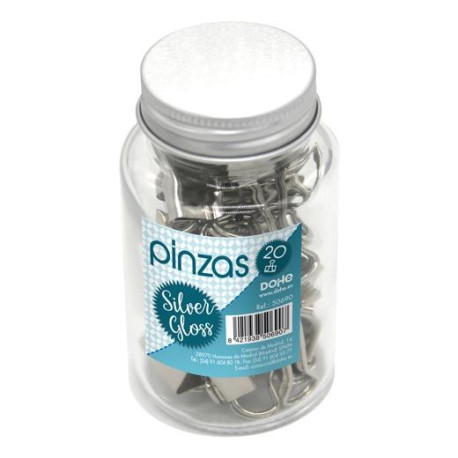 Pinzas metálicas Silver Gloss 19mm Bote de Cristal con Tapa 20 unidades