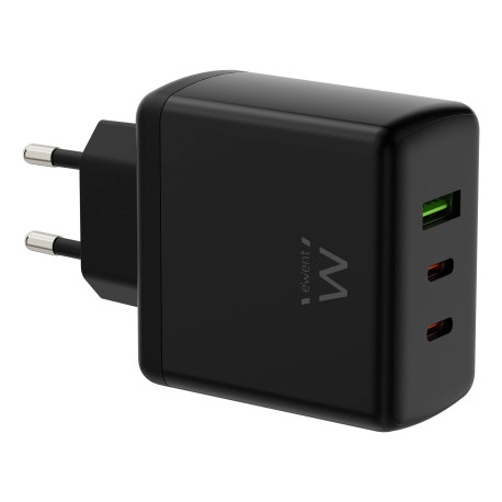 Ewent Cargador rápido GaN de 65W con 3 puertos (2 USB-C PD y 1 USB-A QC), diseño compacto