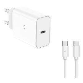 Ksix Cargador de red 30 W, PPS, Power Delivery, Carga ultra rápida, USB-C + Cable USB-C a USB-C 60 W, 1 m, Blanco