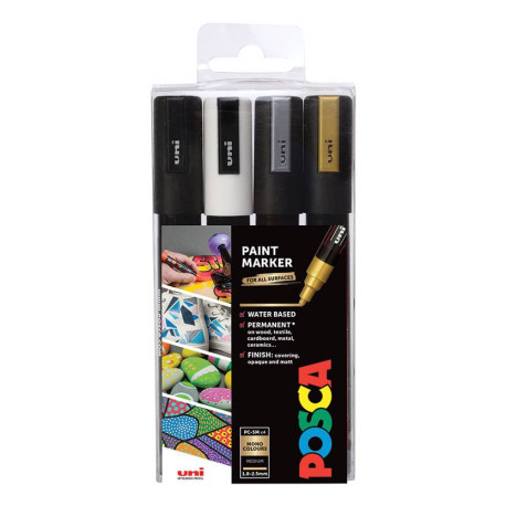 POSCA PC-5M Negro, Oro, Plata, Blanco 4 pieza(s)
