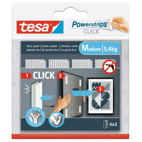 BLISTER TIRAS ADHESIVAS CUELGA OBJETOS POWERSTRIPS CLIK 5,4KG 4 PARES 80x20MM M TESA 77721-00001-00