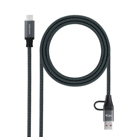 Nanocable Cable USB 3.2 Gen2x2 20Gbps 5A/100W, USB-C+USB-A/M a USB-C/M, Gris/Negro, 3m
