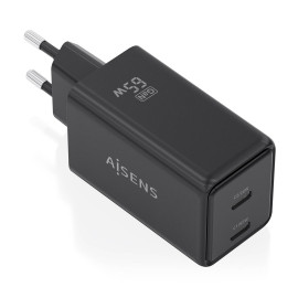 AISENS Cargador GaN 65W, 2xUSB-C PD3.0 QC4.0, Negro