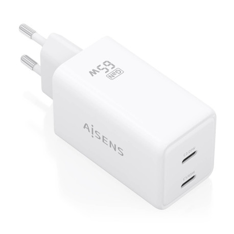 AISENS Cargador GaN 65W, 2xUSB-C PD3.0 QC4.0, Blanco