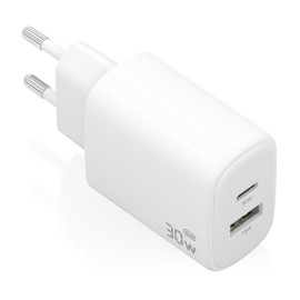 AISENS - CARGADOR GaN 30W, 1xUSB-C PD3.0 QC4.0, 1xUSB-A QC3.0, BLANCO