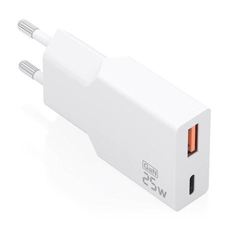 AISENS Cargador Ultra Delgado GaN 25W, 1xUSB-C PD3.0 QC4.0, 1xUSB-A QC3.0, Blanco