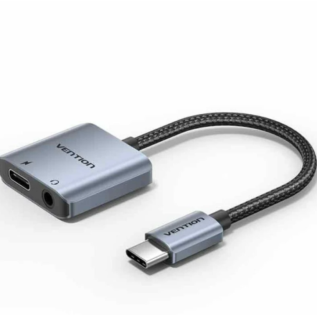 Adaptador Audio Vention BIGHA/ USB Tipo-C Macho - Jack 3.5 Hembra/ USB Tipo-C PD Hembra/ Gris