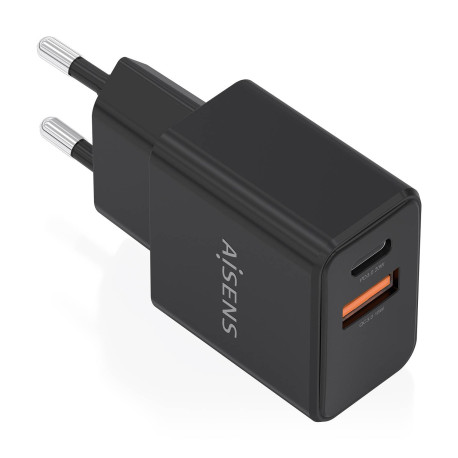 AISENS Cargador GaN 20W, 1xUSB-C PD3.0, 1xUSB-A QC3.0, Negro