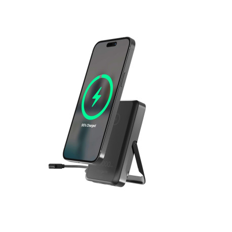Batería externa inalámbrica magnética de 15 W con soporte integrado, 10 000 mAh, negra.