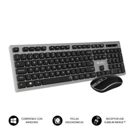 SUBBLIM Teclado Ergonómico y ratón inalámbricos Plano Silencioso Gris/Negro Ergo - subkbw-ceke01