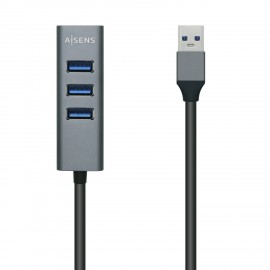 AISENS Hub USB3.0 Aluminio, Tipo A/M - 4x Tipo A/H, Negro, 30 cm - A106-0507