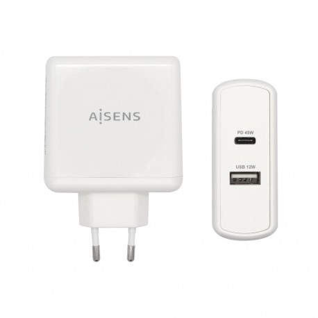 AISENS Cargador 57 W, 1x USB-C PD3.0 45 W, 1x USB-A 5 V / 2.4 A 12 W, Blanco - ASCH-2PD45A-W