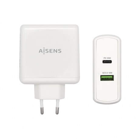 AISENS Cargador 48 W, 1x USB-C PD3.0 30 W, 1x USB-A QC3.0 18 W, Blanco - ASCH-2PD30QC-W