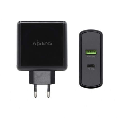 AISENS Cargador 48 W, 1x USB-C PD3.0 30 W, 1x USB-A QC3.0 18 W, Negro - ASCH-2PD30QC-BK