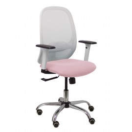 Silla Cilanco blanca malla blanca asiento bali rosa brazo regulable base cromada ruedas de parqué