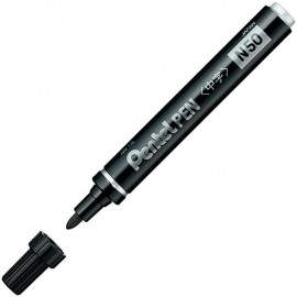 PENTEL PEN N50-AE MARCADOR PERMANENTE CUERPO ALUMINIO NEGRO Y PUNTA MEDIA CONICA -12U-