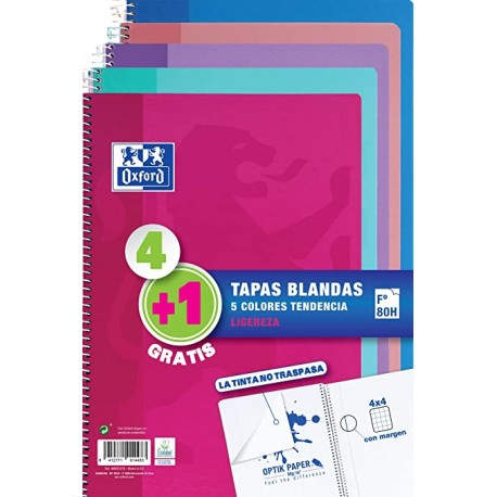 PACK 4+1 CUADERNO ESPIRAL TAPA BLANDA FOLIO 80 HOJAS 4X4 CON MARGEN COLORES TENDENCIA OXFORD 400072719