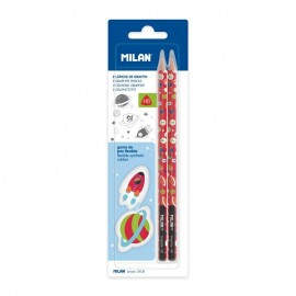 MILAN 2 LÁPICES GRAFITO HB Y 2 GOMAS SUPER HEROES SPACE EN BLISTER