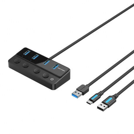 VENTION - Vention Hub USB 3.0 CHWBF/ 4xUSB/ 1xUSB Tipo-C PD/ Incluye cable Carga USB Macho - USB Tipo-C Macho - CHWBF