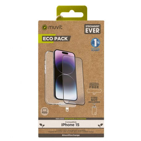 MUVIT - Funda muvit para iphone 15 + protector pantalla vidrio templado plano marco negro - MCPAK0082